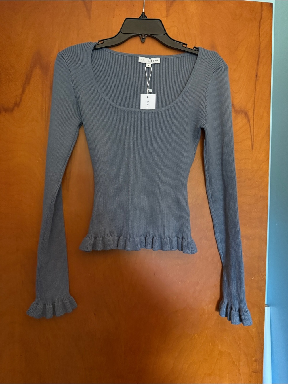 NWT Baltic Born Blue Ribbed Scoop Neck Long Sleeve Top with Ruffle Hem